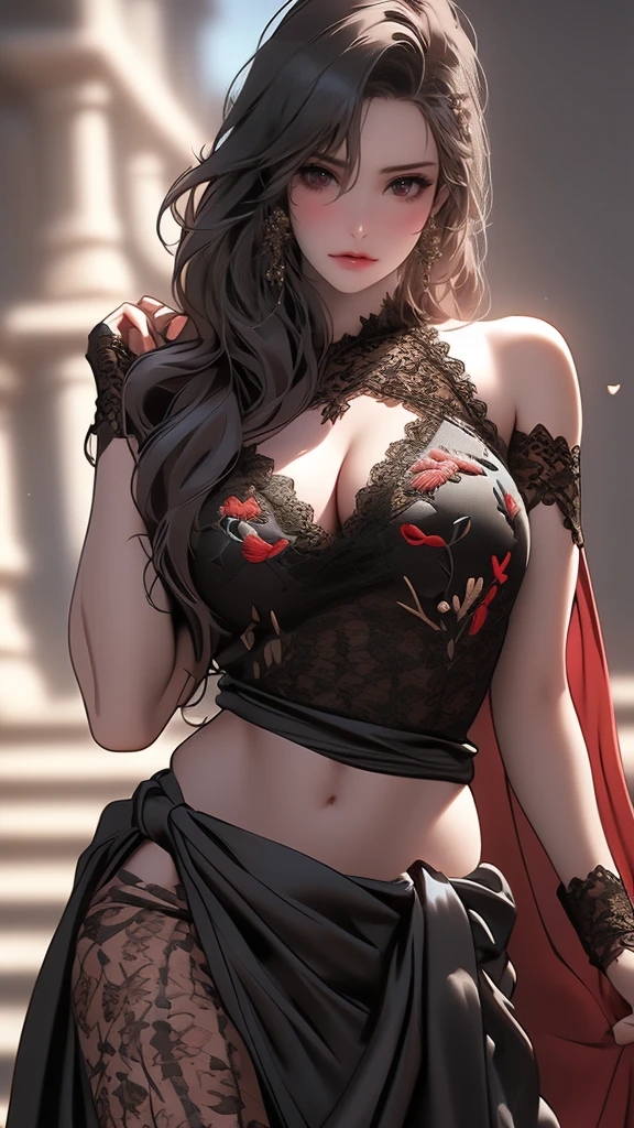 ((clothed:1.2),leather boots,leather gauntlet,(embroidered black lace dress:1.5),(see through:1.2),(long silk sarong:1.5))),(Thin type),(large ),(random sexy po,(random hairstyle),(Highest image quality,(8K), Ultra-realistic, Best Quality, High quality, High Definition, high quality texture, high detailing, Beautiful detailed, fine detailed, extremely details CG, Detailed texture, realistic representation of face, masterpiece, presence)
