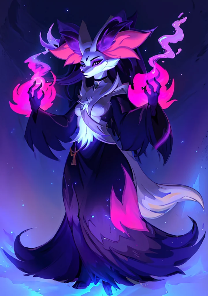 A closeup of a cartoon character with long hair, dark fox wizard, pira, Aura of darkness, painted in the arcane style, arcane art style, just kidding, full portrait of elementalist, /!\ the sorceress, Glowing black aura, dark sorceress full view, evil aura, sorceress, britney lee