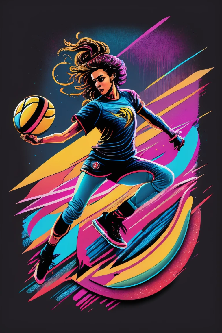 volleyball athlete, graffiti style, swirly vibrant colors, futurist, vectorial art, t shirt design, ball kick pose.