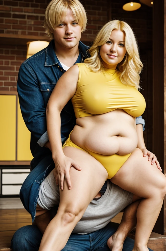 Fat yellow-haired woman sitting on a man&#39;s face