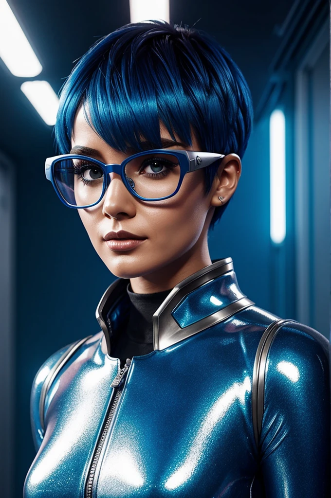 Woman with short blue hair Futuristic Glasses Futuristic cartoonish shiny metal suit from the 2080s