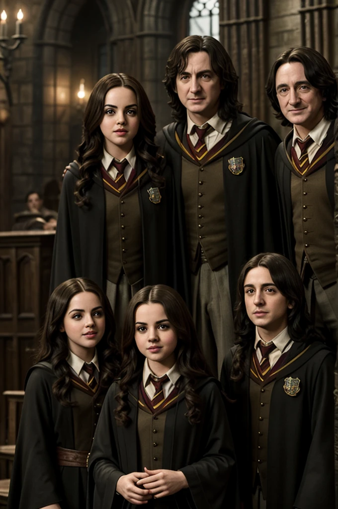 captura de pantalla Harry Potter, Elizabeth Gillies, Selena Gomez y el profesor Snape sonriendo en los pasillos de Hogwarts, Captura de pantalla Harry Potter