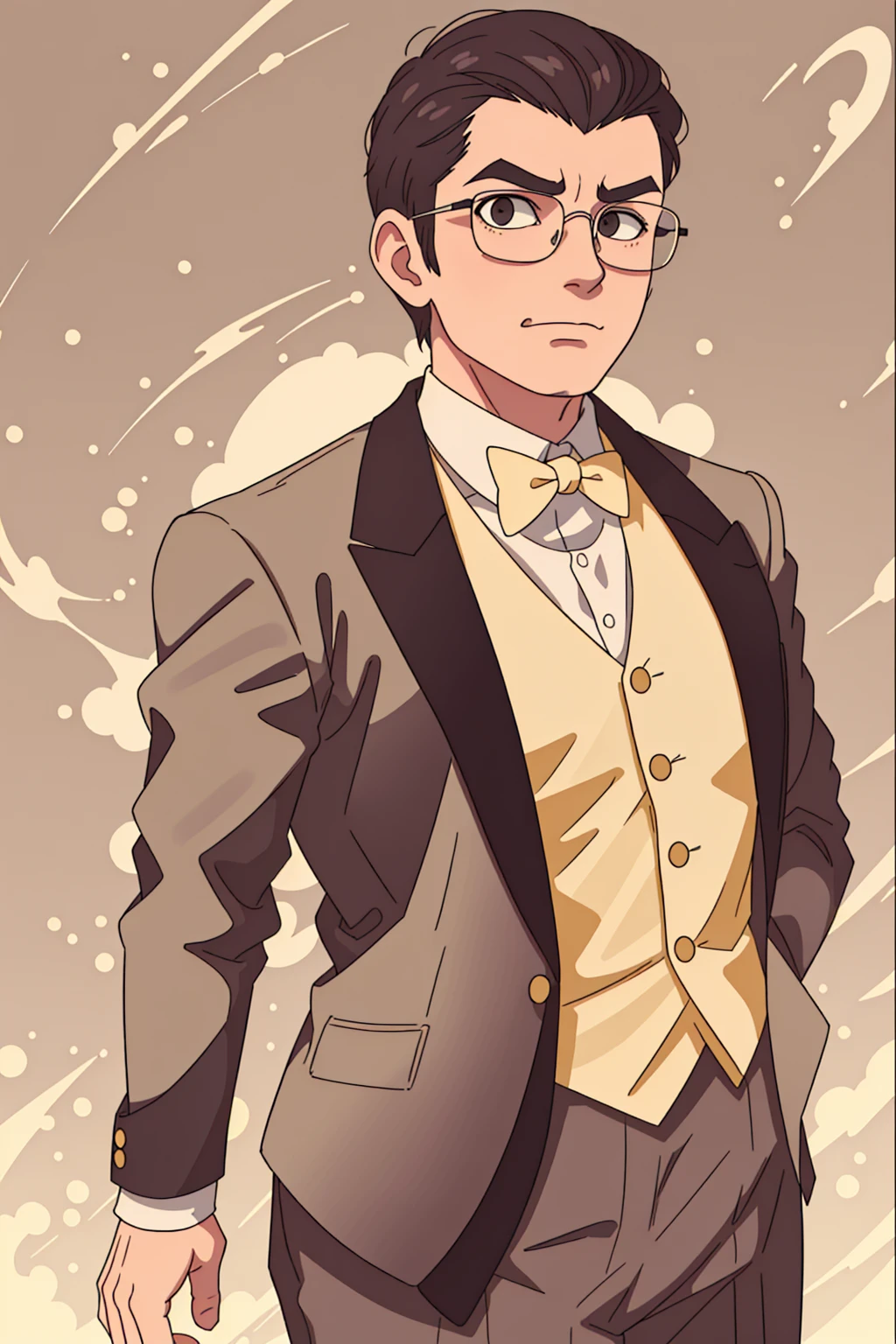 A thinner man wearing a tight-fitting tuxedo and suit, really short swept back hair, the sides of his head shaved really short, long sculpted face, looking very smug, wearing round circular glasses, wearing a yellow suit with gold accents, standing in front of a golden sky