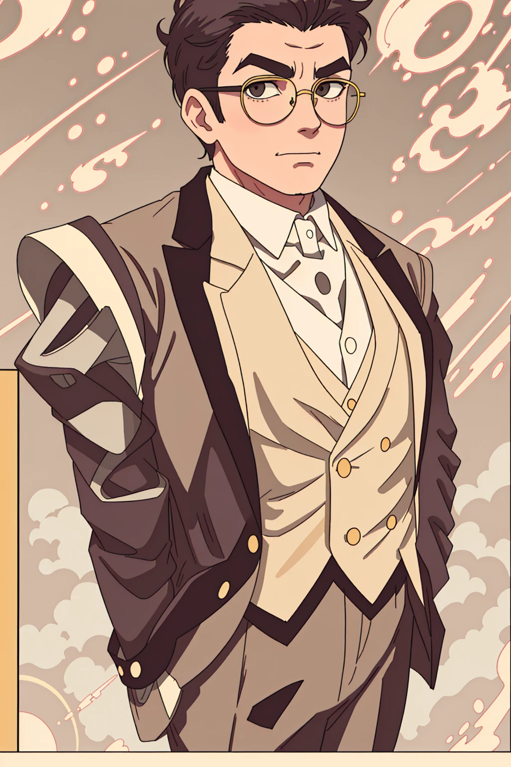 A thinner man wearing a tight-fitting tuxedo and suit, really short swept back hair, the sides of his head shaved really short, long sculpted face, looking very smug, wearing round circular glasses, wearing a yellow suit with gold accents, standing in front of a golden sky