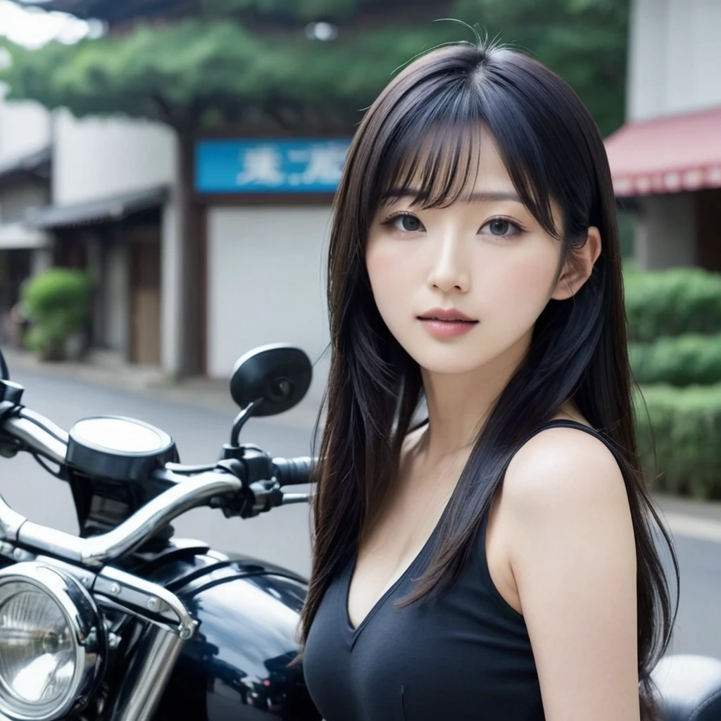 Shapely and beautiful Japanese girl, Graceful body, prominent breasts, He has long black hair and rides a motorcycle..