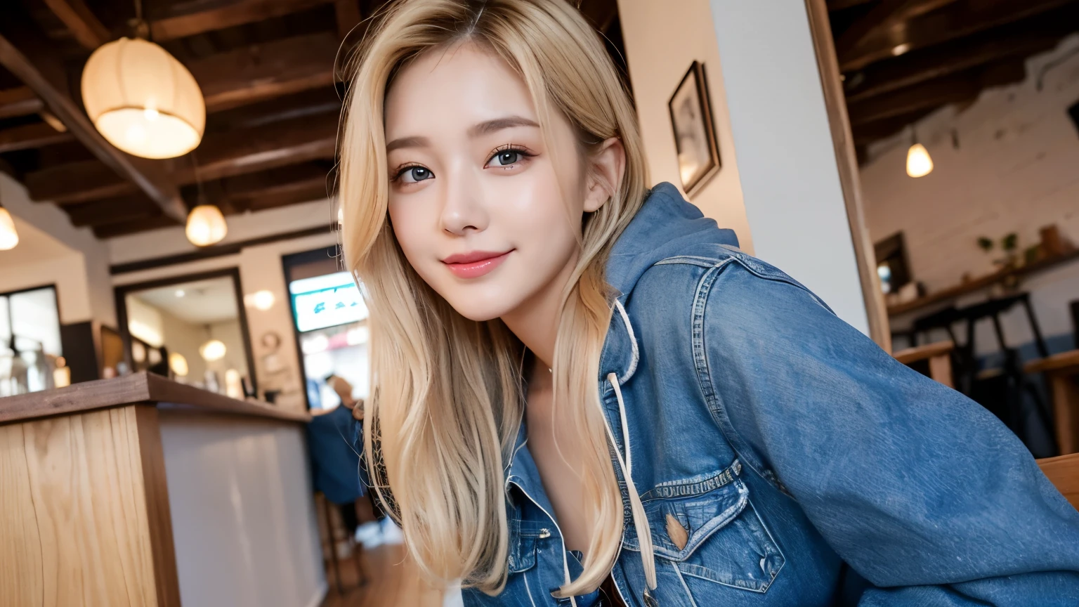 Highest quality、High resolution、8k wallpaper、Dense and beautiful eyedium hair、(Beautiful breasts:1.3)、Natural color lip、20歳のwoman、woman、Blonde、smile、Semi-long hair、Large hoodie、High waist jeans、Applying lips、OL、indoor、Looking up、Cafe