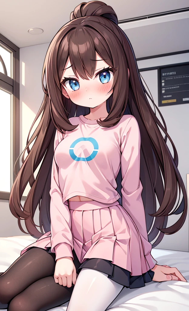 masterpiece,Highest quality,1 Girl,alone,Pokémon-like art style,(bold:1.6),(flat:1.5), Thin thighs,(pink long sleeve t shirt,White knee-length pleated skirt),Brown Hair,(blush:1.3),Long Hair,Black Pantyhose,Married Woman,Girl sitting,indoor,Big Breasts