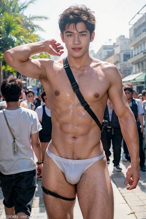 An attractive 17 year old fit white boy smiling mockingly, ge wear kinky chest harness, garter straps, Harness strap, neck strap, ((sweat)), topless, wearing kinky chest harness, garter straps, Harness strap, neck strap, wearing leather thong, Very hairy armpits, Crowded street, ager, Slim fit body, teeny, very cute boy face, 17 yearste face, young kids, Very young teenager boy, crowdereet scenery, Outdoors, he wore a small Tiny thong covering half of his big dick, Sweat dripping all over the body, sweat covering all over the body, Full body photo, wearing Very tiny thong Proudly showing off his sweaty very hairy armpits to audience in crowded street, dickprint, completely naked, 17 years old boy, very ynematic soft lighting illuminates a stunningly detailed and ultra-realistic handsome korean male supermodel, ultra messy curly hair, clear honey eyes, captivating perfect smile, sensual, hot man, insanely handsome, showing off his sweaty body, very sixpack muscular body build, slender, toned, full body, 8k, photography, masterpiece, detailed face, detailed eyes, sexy, beautiful abdomen and beautiful legs and a detailed big hard bulge, expression of ecstasy, excited, slim, detailed eyes and lips, sixpack and fit body. Image quality is of the highest standard, with ultra-detailed features and a realistic appearance. The colors are bright and vibrant, enhancing the overall aesthetic. The lighting is soft and natural, casting a soft glow on the boy, don't merge body's