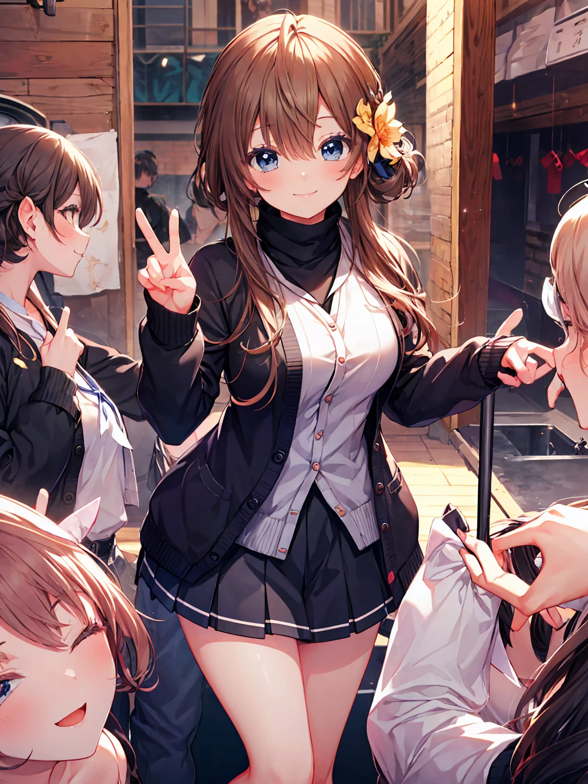 Smile,best Smile,double Peace,cardigan,miniskirt,masterpiece,best quality,ultra detailed,high resolution,extremely detailed CG, (perfect hand),