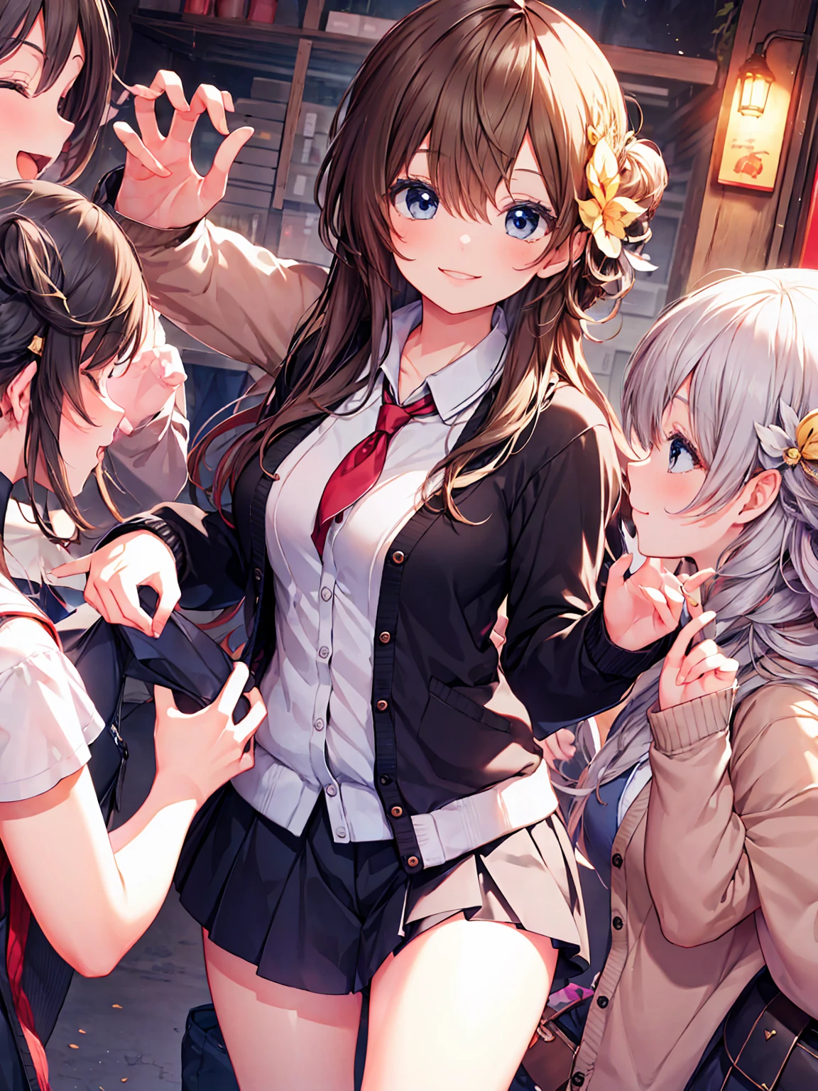 Smile,best Smile,double Peace,cardigan,miniskirt,masterpiece,best quality,ultra detailed,high resolution,extremely detailed CG, (perfect hand),