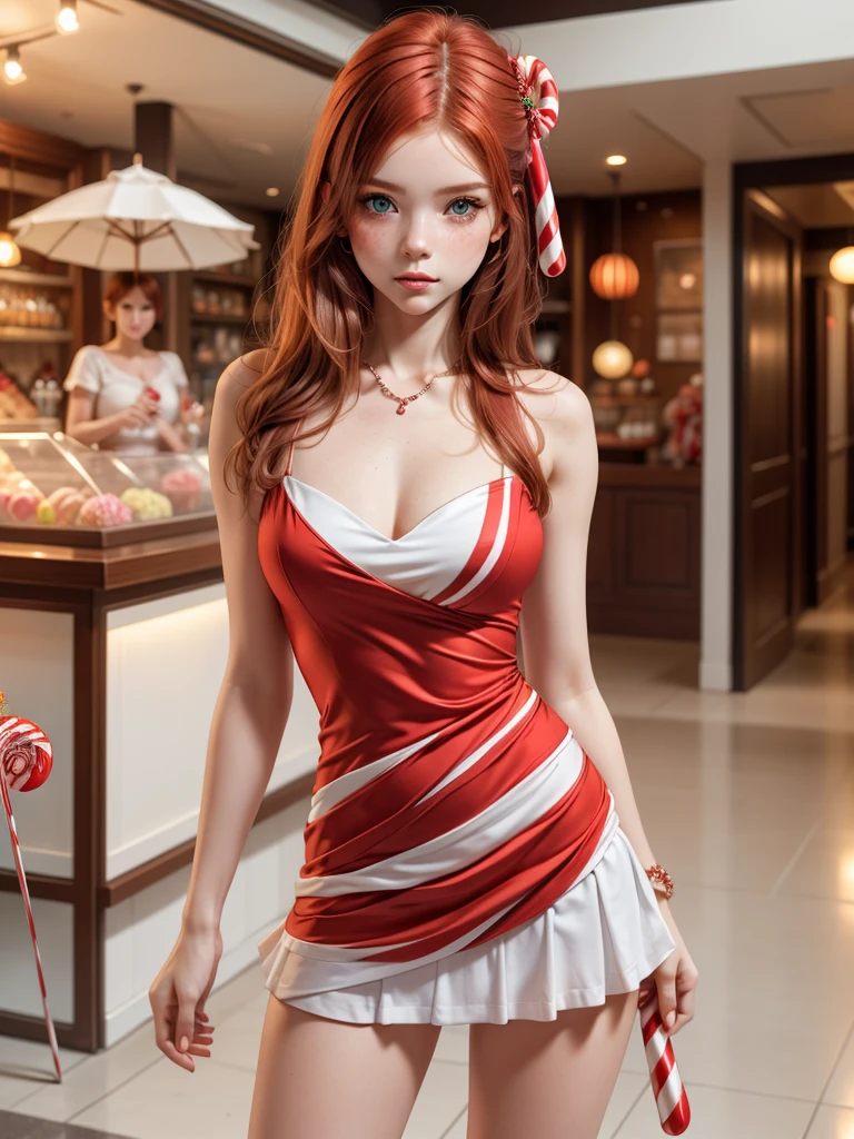 beautiful female glamor model, redhead, orange ginger, face covered in lots of (freckles:.9), candy outfit, white mini skirt, candy cane cocktail dress.