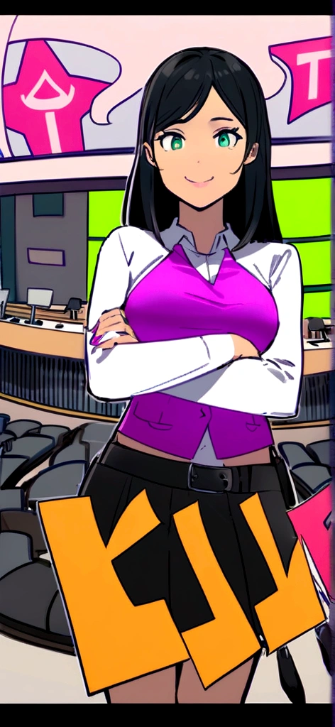 Create a character of a young woman with black hair, big eyes, a big smile, with her arms crossed in a political environment with the inscription Kamilla Duarte on top and places a black belt underneath with pink letters written now it's her and puts two high-heeled women's shoes on down next to the letters