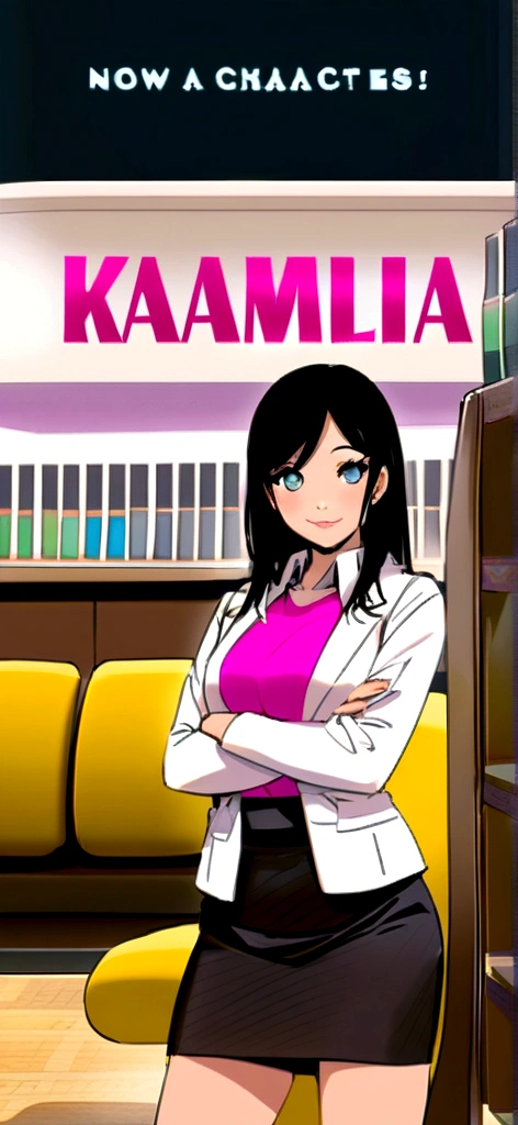 Create a character of a young woman with black hair, big eyes, a big smile, with her arms crossed in a political environment with the inscription Kamilla Duarte on top and places a black belt underneath with pink letters written now it's her and puts two high-heeled women's shoes on down next to the letters