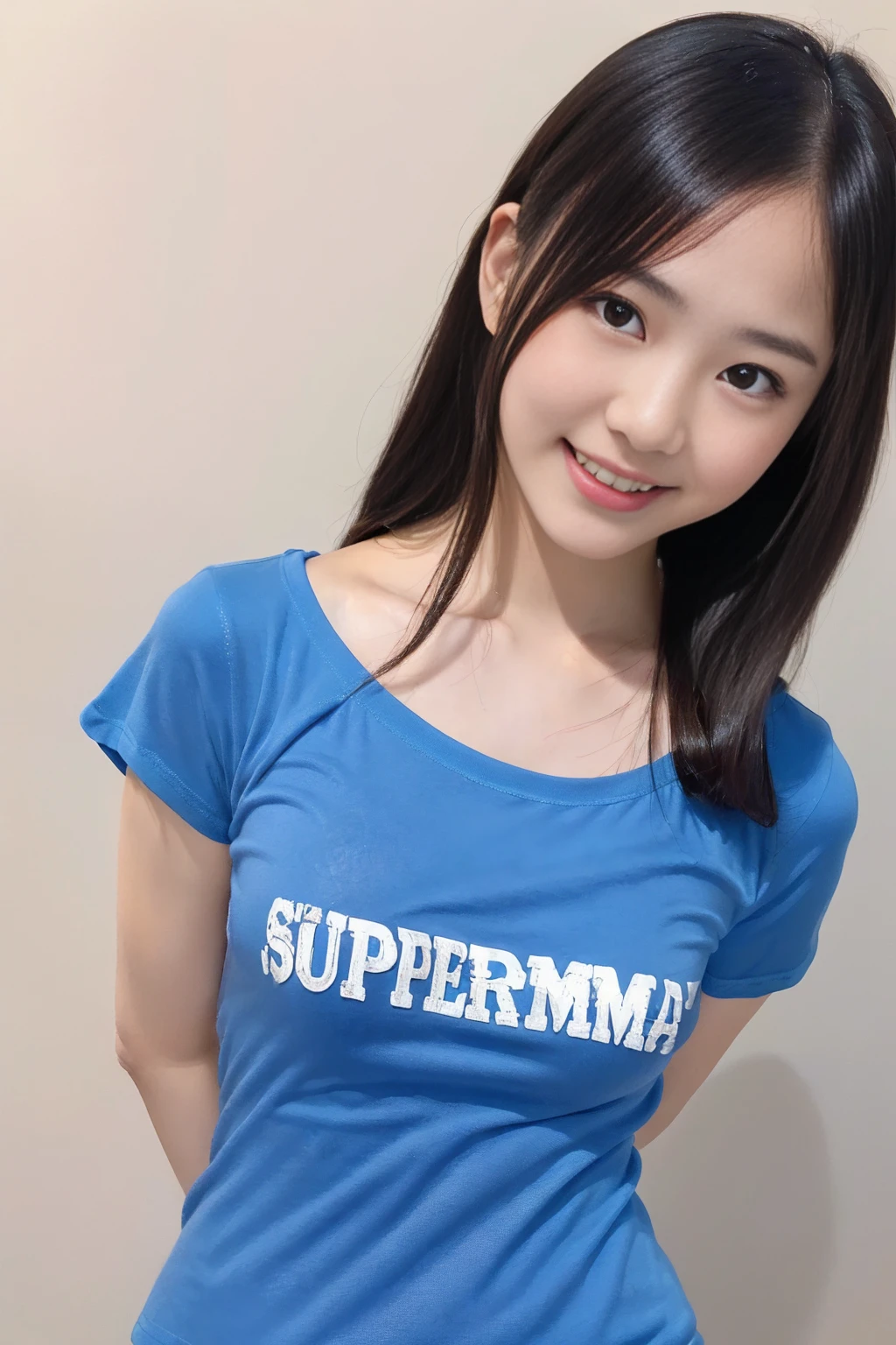 (8x_NMKD-Superscale_150000_G, 8k, best quality, high resolution, masterpiece), ((simple background)), (cowboy shot), (((Standing, arms behind back))), (1girl, 18 years old, smile), ((((t-shirt, blue buruma))))