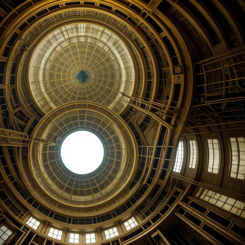 best quality, masterpiece, 4K, detailed, shading, inside a sci-fi golden sphere shelter, sci-fi, futuristic architecture (perfect sphere), (interior view:1.4), (conifer forest outside:0.6)
