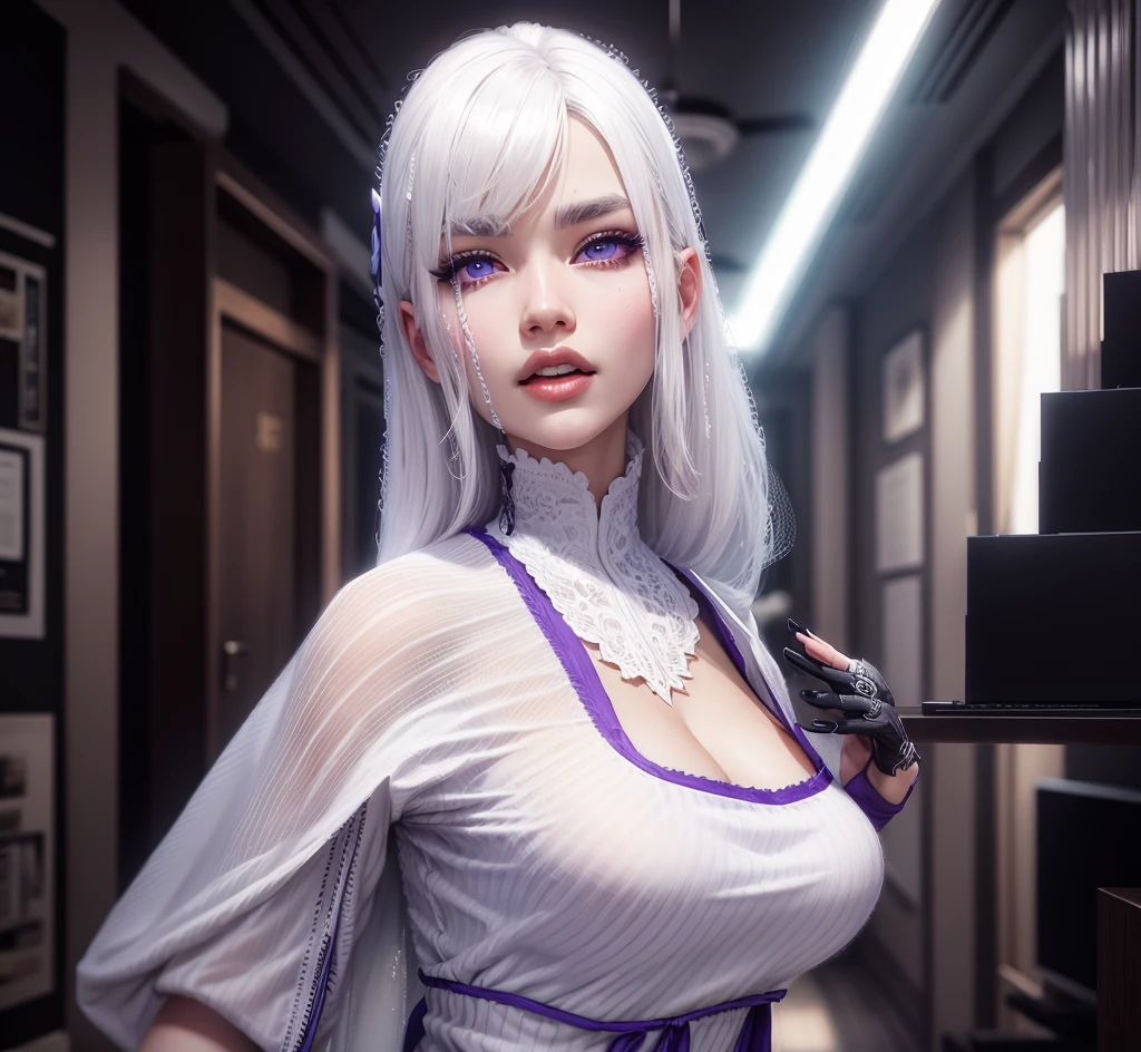AVATAR SECOND LIFE Korean girl purple blouse , asiática White hair, White hair, White hair, Perfect and detailed face, imvu, maximalist details, AVATAR SECOND LIFE Korean blouse and pants , neon, White hair
