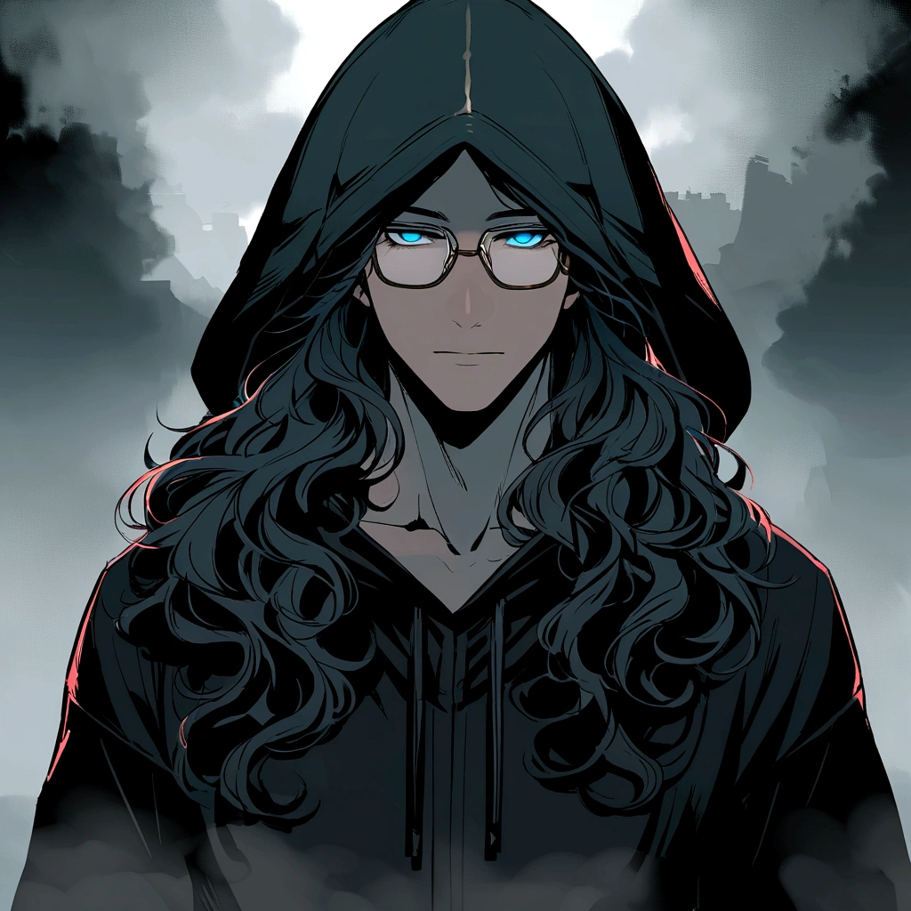 The Young Man in the Hood, Tension above the eyes,long wavy hair under the hood, diffuse light,fog in the background,The style of the Assassin Creed game using prescription glasses