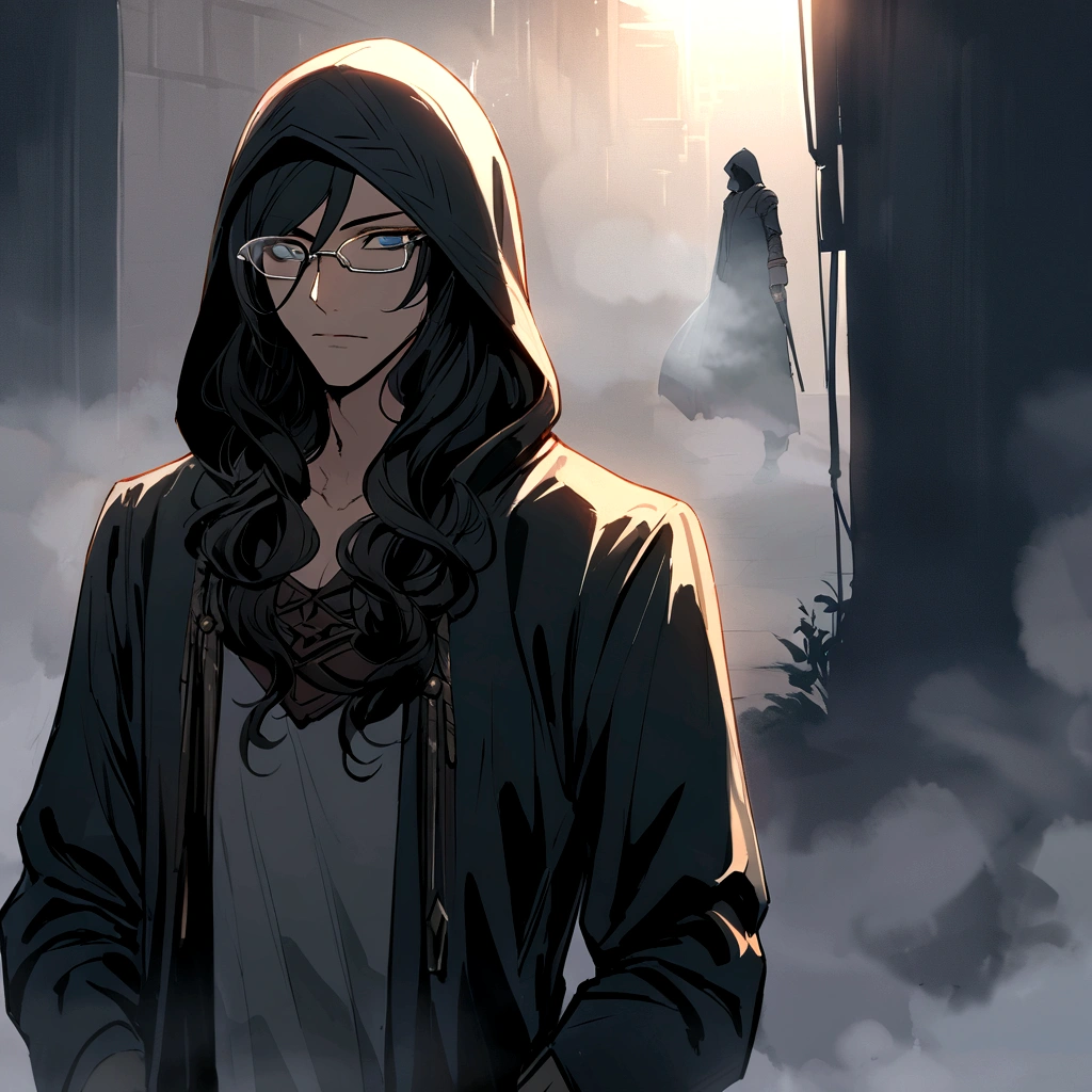 The Young Man in the Hood, Tension above the eyes,long wavy hair under the hood, diffuse light,fog in the background,The style of the Assassin Creed game using prescription glasses