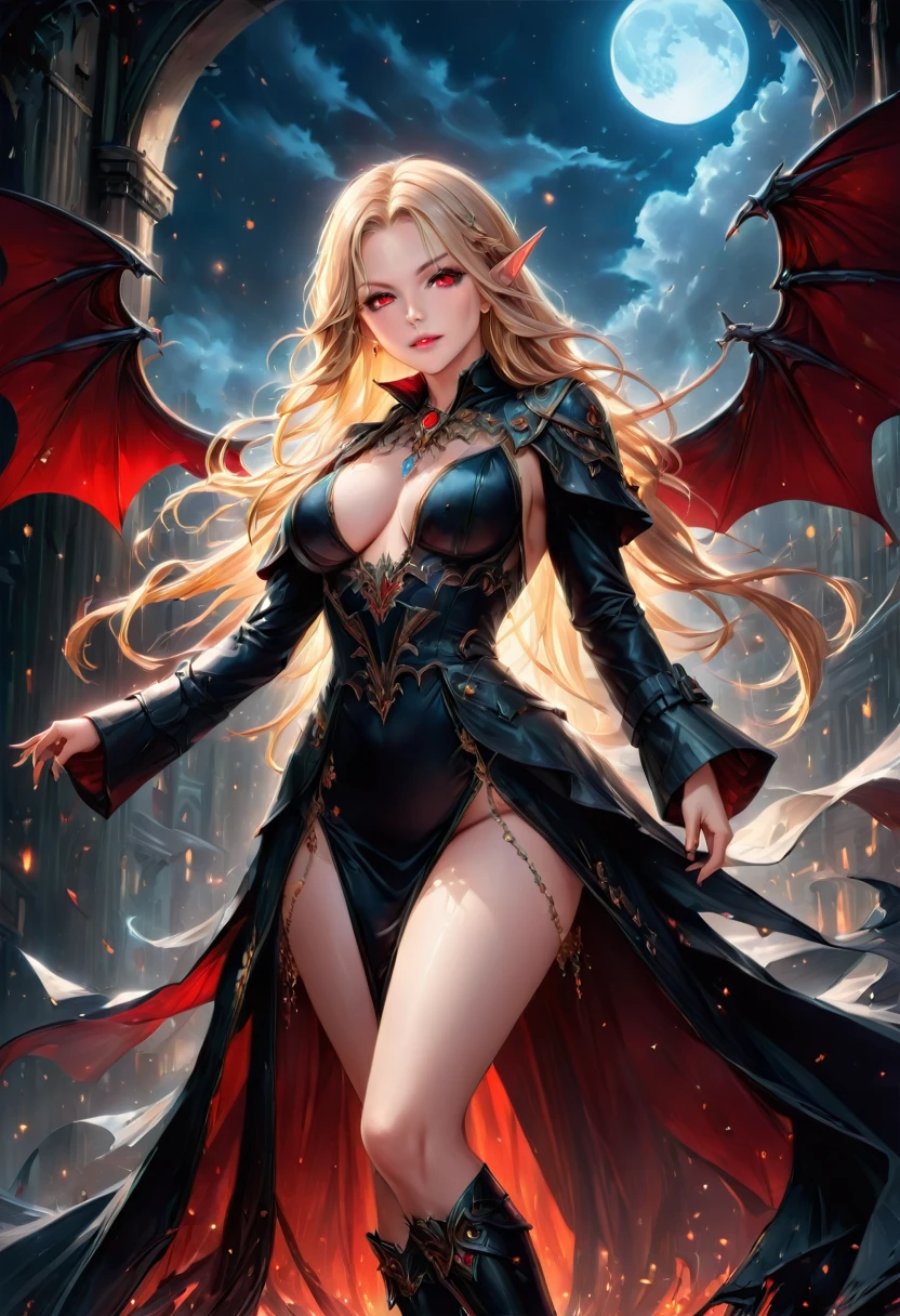 fantasy art, modern and gothic art, (masterpiece:1.5), full body best details, highly detailed, best quality,  highres, full body portrait of a vampire, elf (Masterpiece, best quality: 1.6), ultra feminine, wizard, (intricate details, Masterpiece, best quality: 1.5) with a long hair, blond hair, (red:1.3) eyes, (fantasy art, Masterpiece, best quality), ((beautiful delicate face)), Ultra Detailed Face (intricate details, fantasy art, Masterpiece, best quality: 1.5), (wearing elegant glamour open black trench coat: 1.5) , (flowing black trench coat: 1.5), wearing an intricate (black dress: 1.2)  (intricate details, fantasy art, Masterpiece, best quality: 1.3), high heeled boots, urban background (intense details, beat details), fantasy, at night light, natural ,moon light, clouds, gothic atmosphere, soft light, dynamic light, [[anatomically correct]], high details, best quality, 16k, [ultra detailed], masterpiece, best quality, (extremely detailed), dynamic angle, drkfntasy