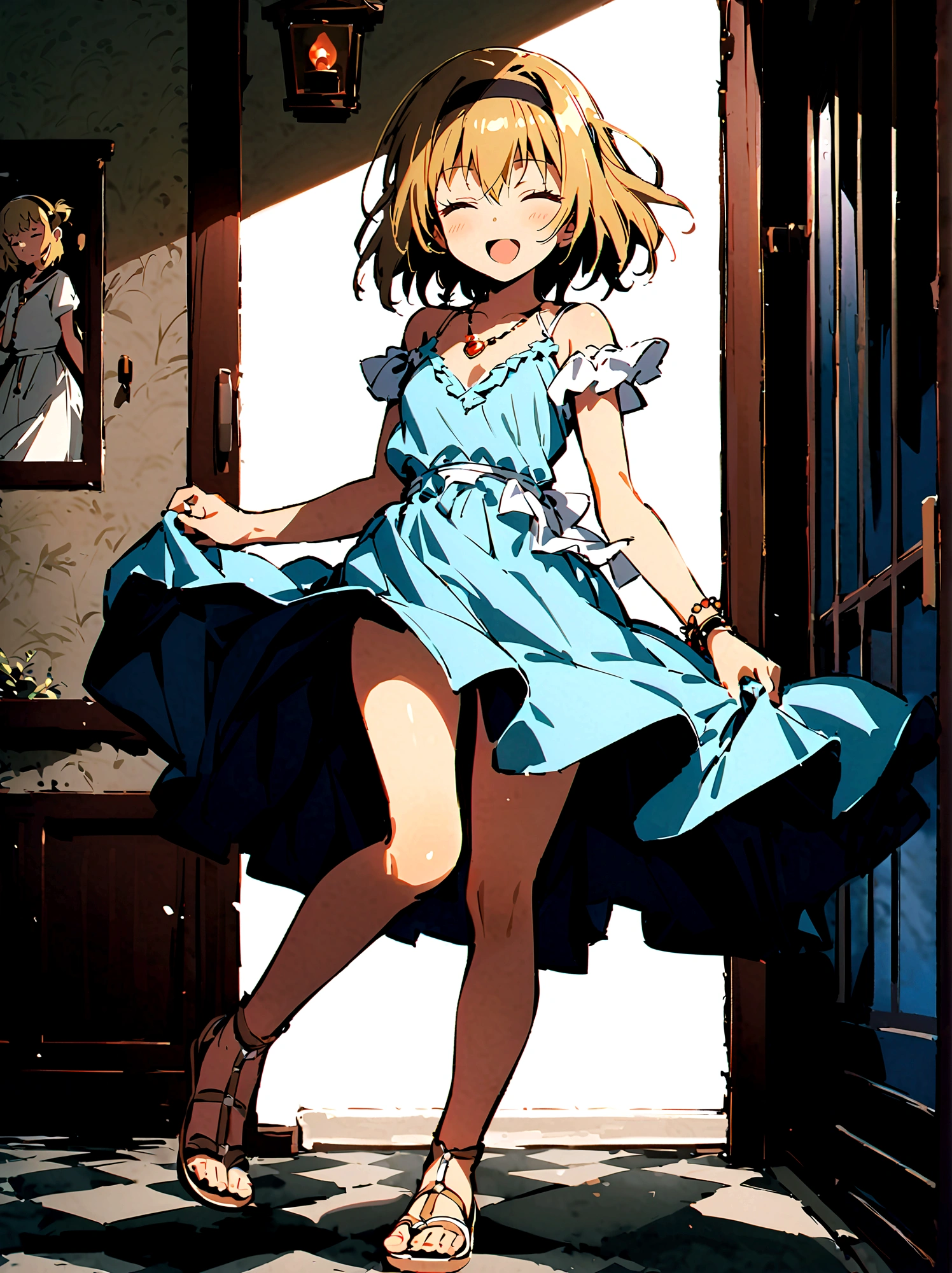 (Houjou_Satoko), (Blonde), Red eyes, short hair, hair band, Small breasts,I&#39;m , 1girl, 独奏, dress, jewelry, closed eyes, necklace, Legs, sandals, 