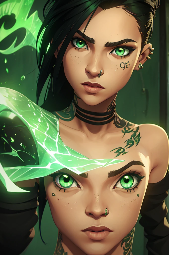 the eyes of only one girl, black hair and phospor green underlights, green eyes, has tattoos, piercings, light skin but not that light,