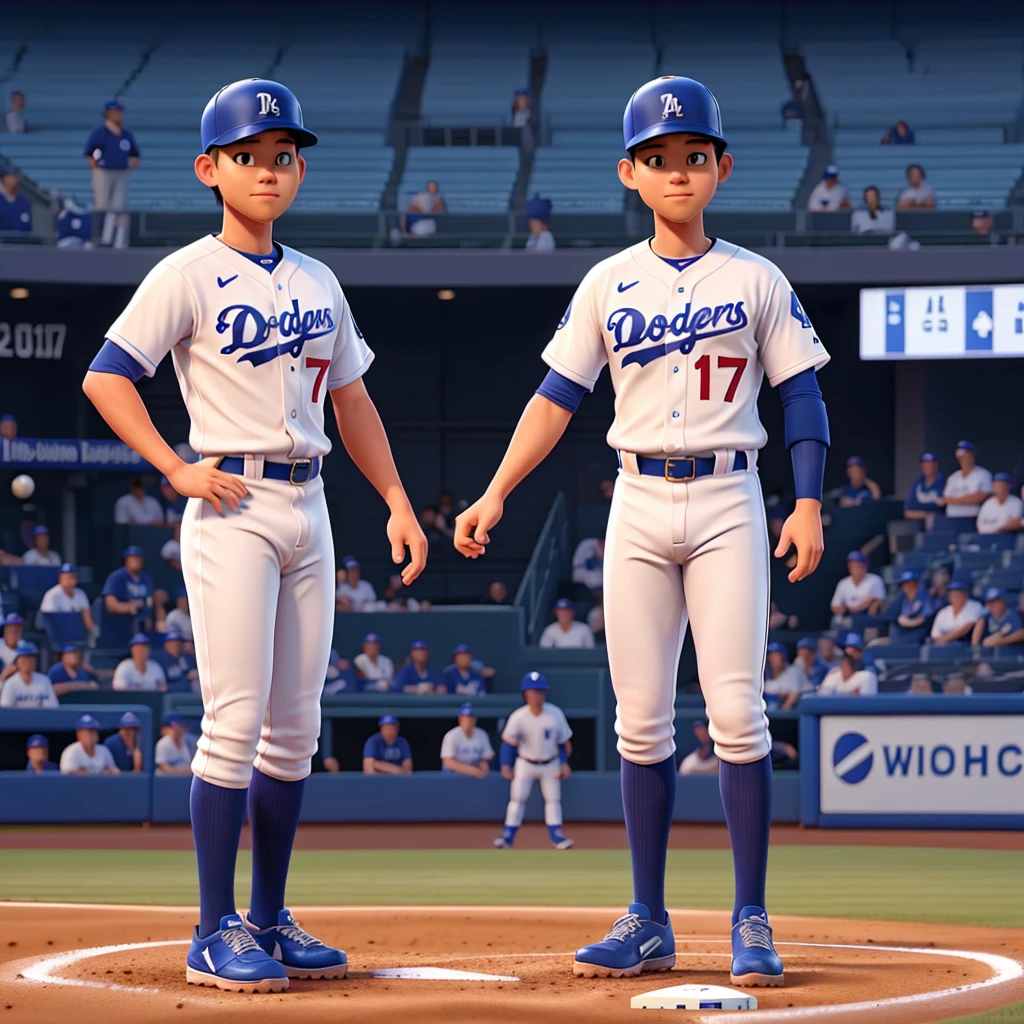Baseball player wearing number 17 in a Los Angeles Dodgers uniform、Shohei Otani、Standing on the pitcher's mound in a packed stadium。In the background, the auditorium is filled to capacity.、The enthusiastic atmosphere is conveyed。The only person in the image is Shohei Otani