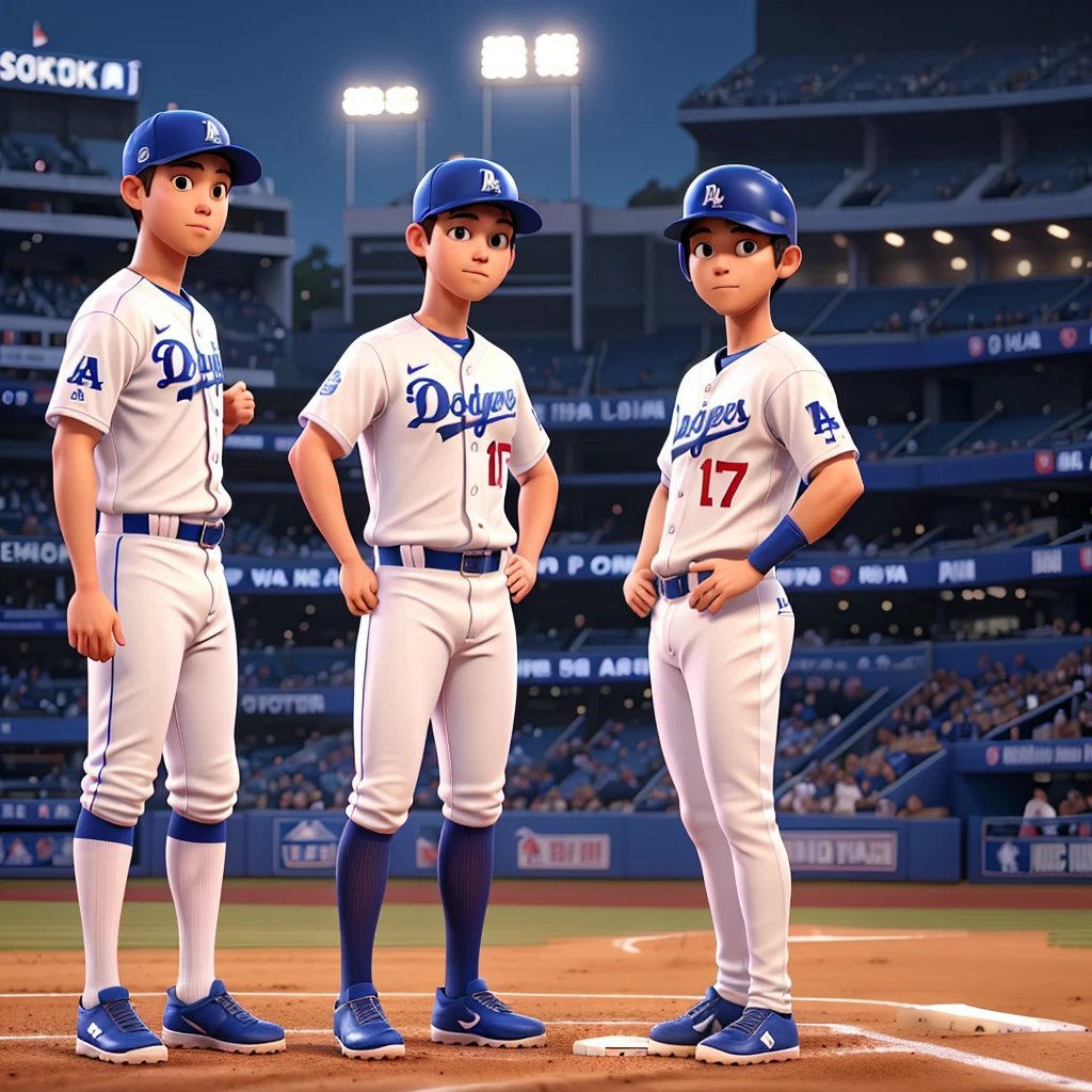 Baseball player wearing number 17 in a Los Angeles Dodgers uniform、Shohei Otani、Standing on the pitcher&#39;s mound in a packed stadium。In the background, the auditorium is filled to capacity.、The enthusiastic atmosphere is conveyed。The only person in the image is Shohei Otani