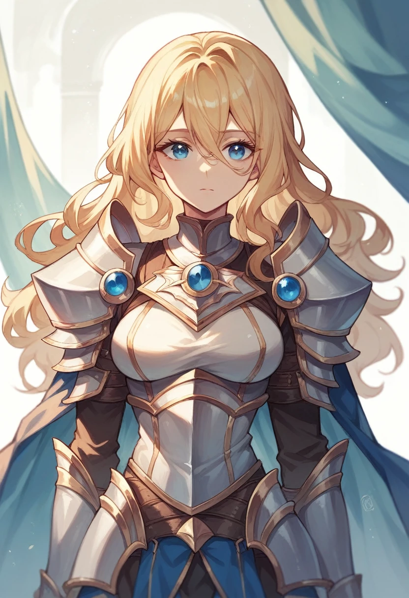 Beautiful knight, with sapphire blue eyes and coppery blonde neck length hair wearing armor