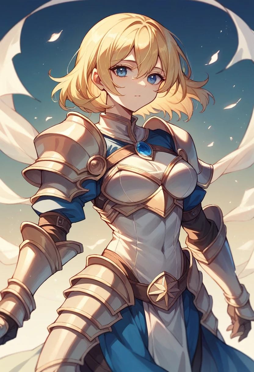 Beautiful knight, with sapphire blue eyes and coppery blonde neck length hair wearing armor
