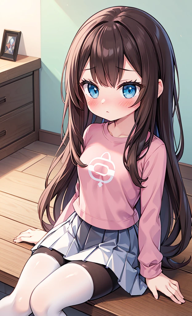 masterpiece,Highest quality,1 Girl,alone,Pokémon-like art style,(bold:1.6),(flat:1.5), Thin thighs,(pink long sleeve t shirt,White knee-length pleated skirt),Brown Hair,(blush:1.3),Long Hair,Black Pantyhose,Married Woman,Girl sitting,indoor,Big Breasts,extend your hand here