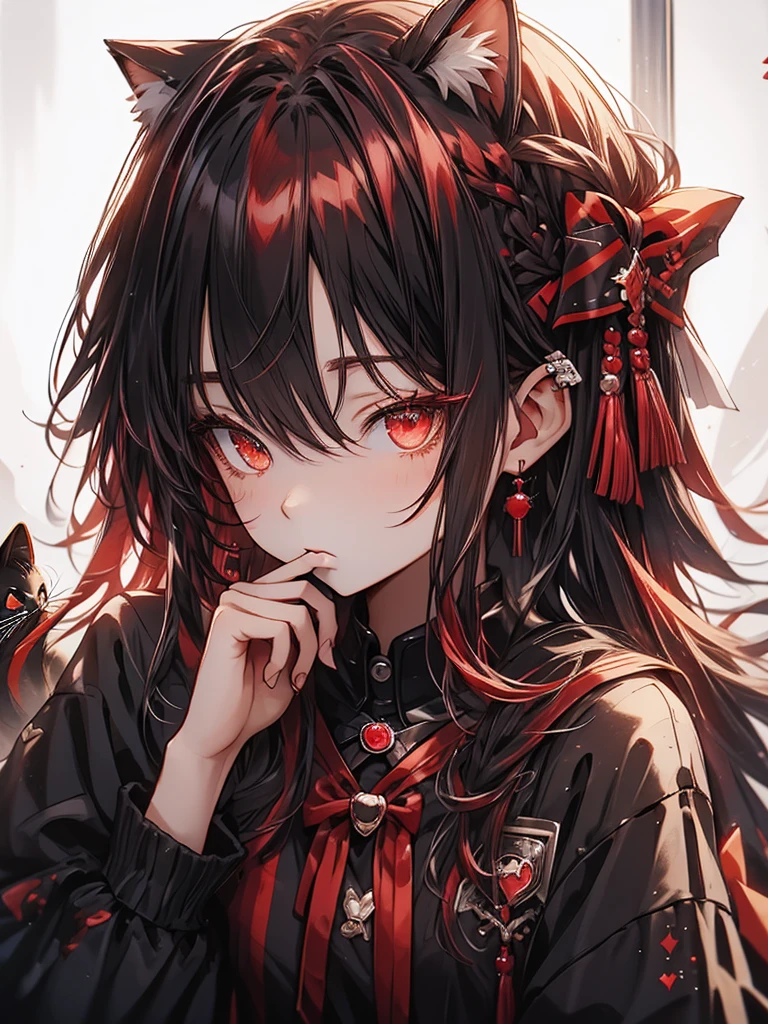 Cat ears with black and red ribbon、red Hair、red Badge、Checkmark clothing、I rest my head on my elbows and think about what to do.、✔、lollipop in mouth held with one hand, Convinced look