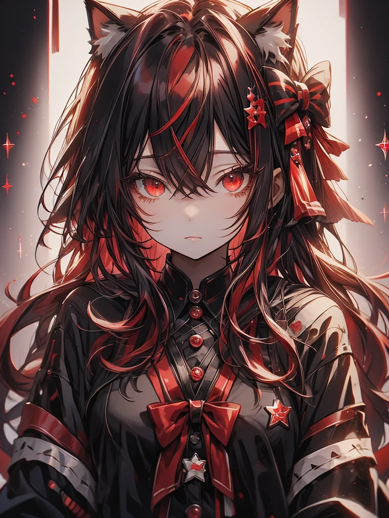 Cat ears with black and red ribbon、red Hair、red Badge、Checkmark clothing、I rest my head on my elbows and think about what to do.、✔、lollipop in mouth held with one hand, Convinced look