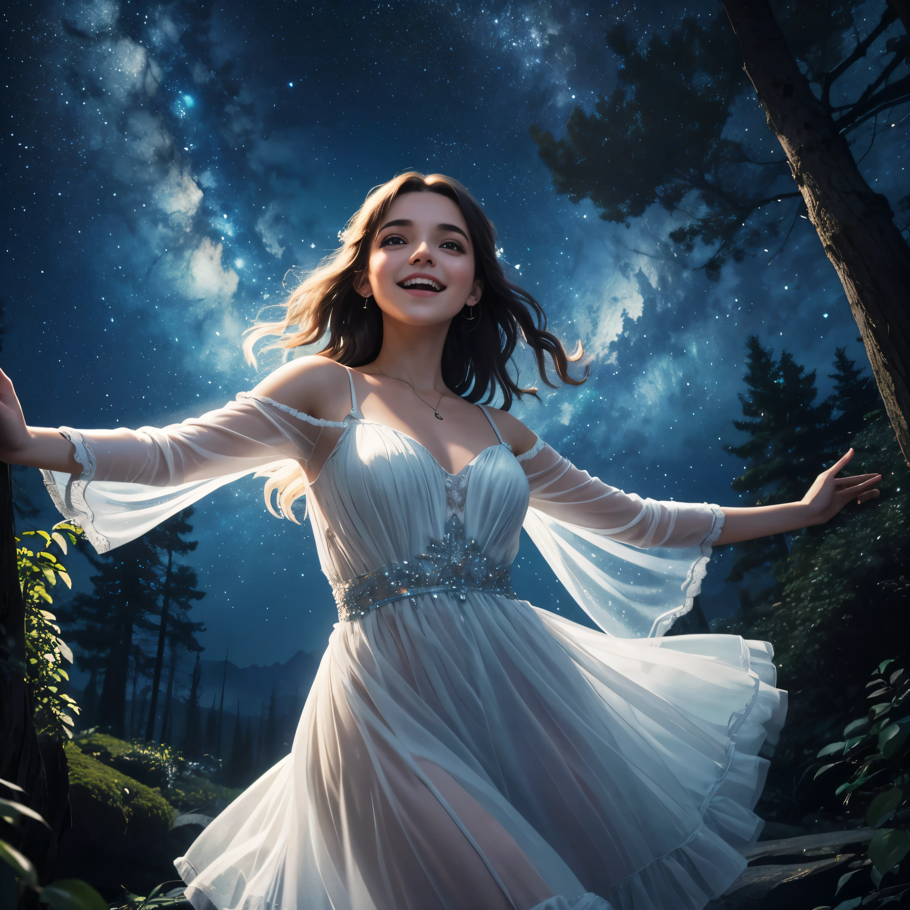 Une jeune femme danse sous les étoiles dans une forêt enchantée, son visage illuminé par la lumière de la lune. Elle porte une robe fluide qui semble flotter autour d'elle. Le fond est parsemé de lumières scintillantes et de couleurs vives rappelant les effets visuels d'une soirée techno. Son expression est pleine de joie et de liberté, capturant l'essence d'une nuit magique, gros plan sur le visage