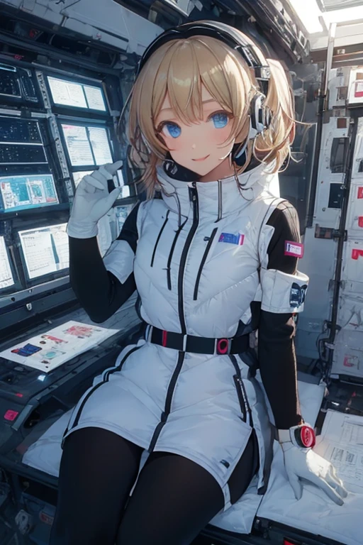 masterpiece, highest quality, high resolution, breasts, 20yo,1 girl,(solo):2,,blonde hair,(inside space station):2,flying:2,floatong:2,zero gravity,wind:1.5,anime lovelive style,
BREAK
headphone,(futurstic tight-fit bodysuit):2,(shiny silver long downvest):100,(northface silver metallic puffy downvest):2,(puffy):2,(black sleeves):5,(black tights):2,(black belt),futuristic boots and gloves,(smartwatch):100,astrovest
BREAK
1 girls, sitting in spacecraft cabin with 4-point seat belt, securely fastened, space station interior, looking out of large windows at Earth below, beautiful eyes, she have aluminum foil pouch,(aluminum foil pouch with plastic viewing window):2, contains nutritious liquid or puree together, smiling and chatting, bright and cheerful expressions, high quality cinematic lighting, detailed textures, sharp focus,blue hair,blue eyes,