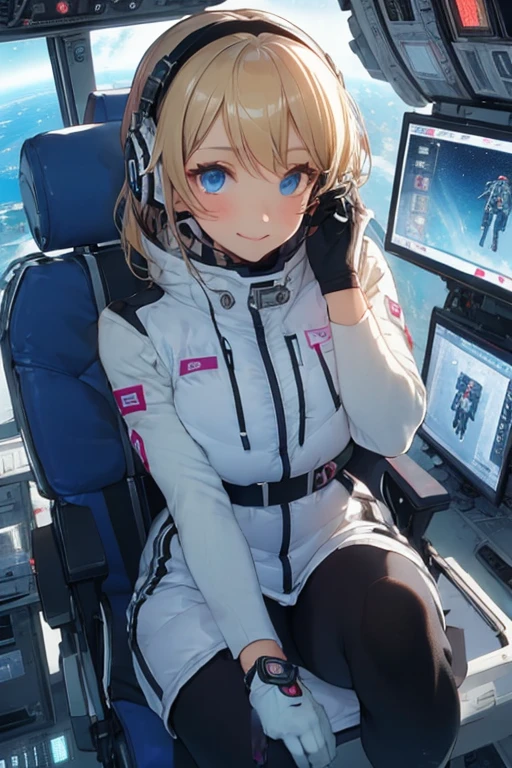 masterpiece, highest quality, high resolution, breasts, 20yo,1 girl,(solo):2,,blonde hair,(inside space station):2,flying:2,floatong:2,zero gravity,wind:1.5,anime lovelive style,
BREAK
headphone,(futurstic tight-fit bodysuit):2,(shiny silver long downvest):100,(northface silver metallic puffy downvest):2,(puffy):2,(black sleeves):5,(black tights):2,(black belt),futuristic boots and gloves,(smartwatch):100,astrovest
BREAK
1 girls, sitting in spacecraft cabin with 4-point seat belt, securely fastened, space station interior, looking out of large windows at Earth below, beautiful eyes, she have aluminum foil pouch,(aluminum foil pouch with plastic viewing window):2, contains nutritious liquid or puree together, smiling and chatting, bright and cheerful expressions, high quality cinematic lighting, detailed textures, sharp focus,blue hair,blue eyes,