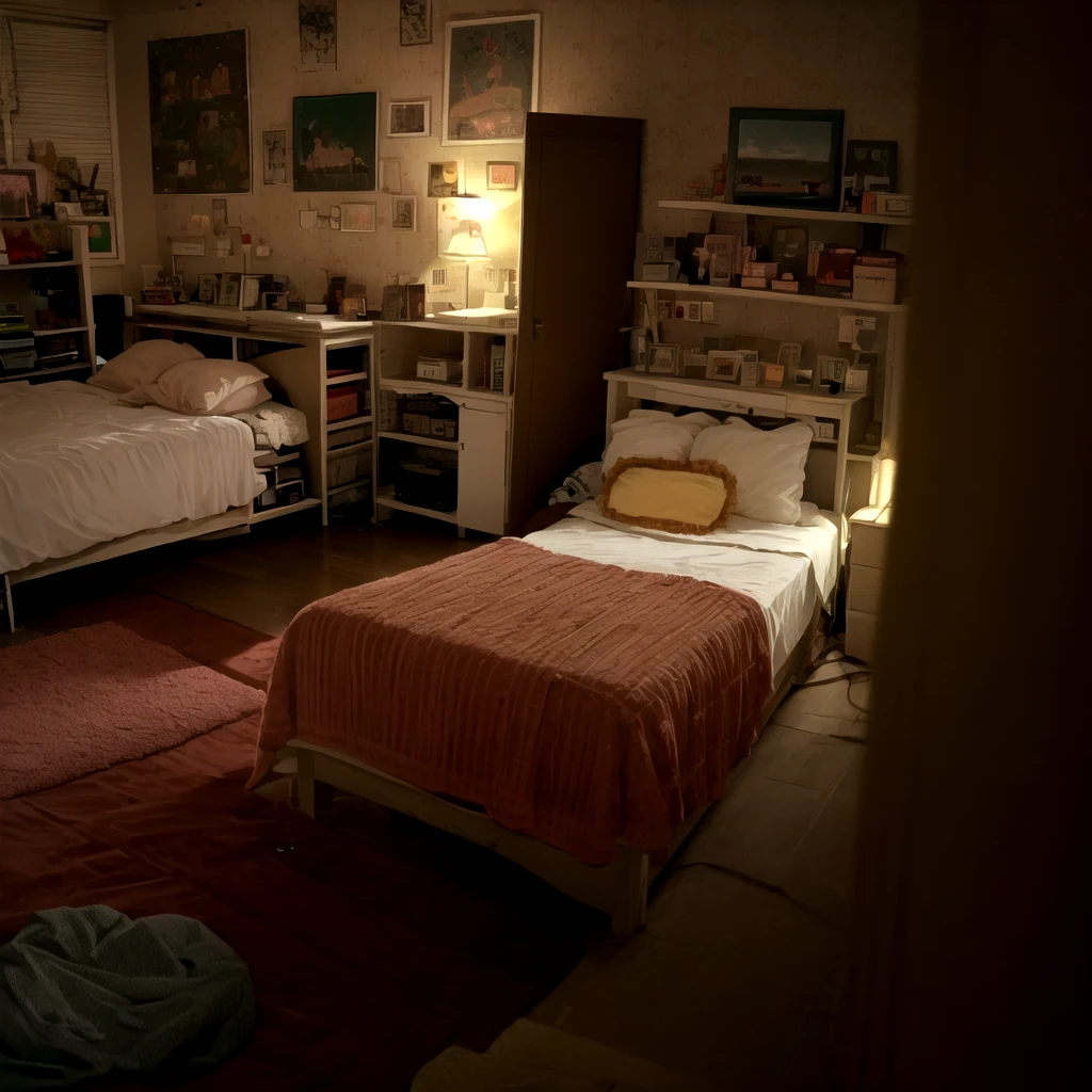 a bedroom with soft lighting, 90s room, nostalgic atmosphere, warm lighting, dresser on the left side, wooden tableware set next to the bed, 90s bedroom