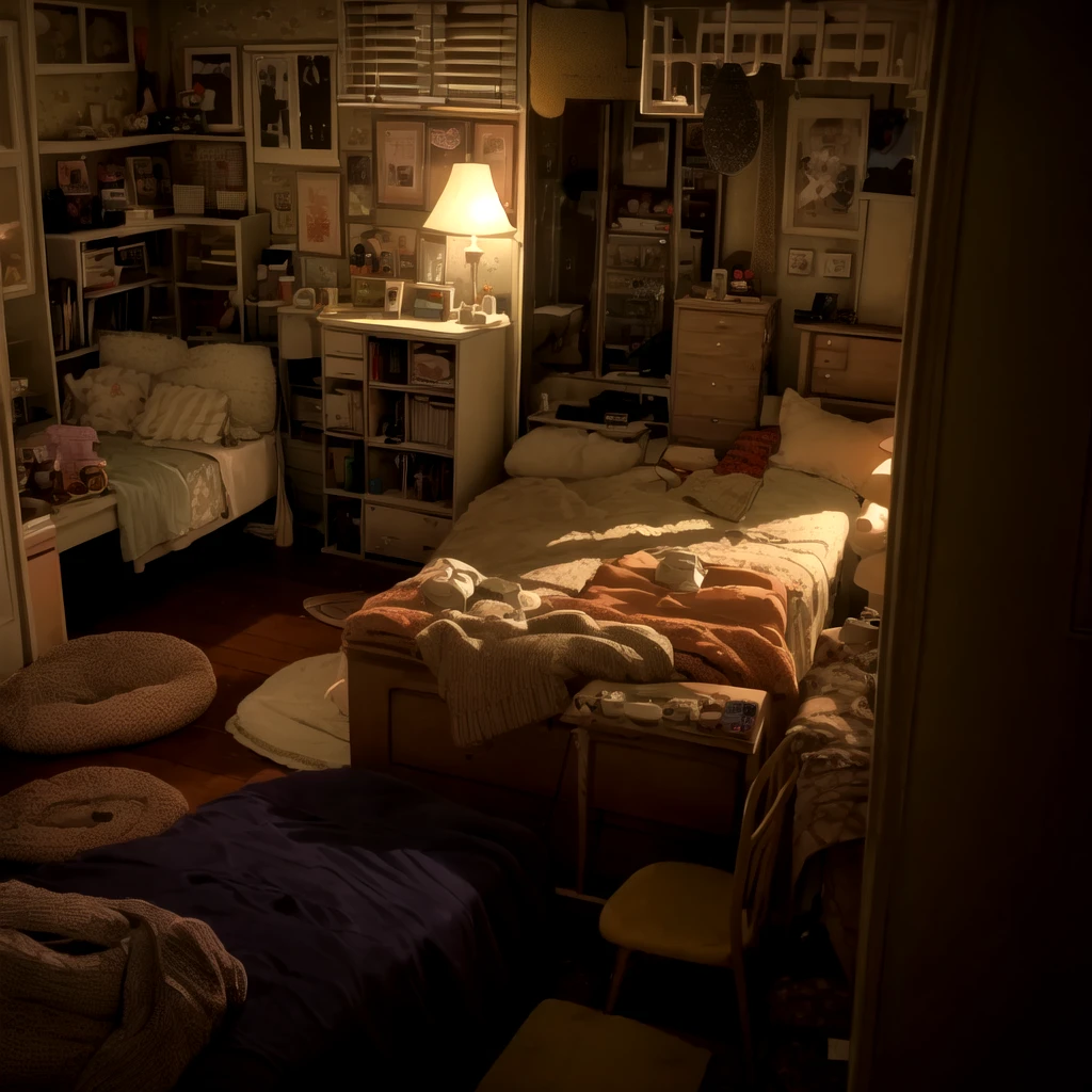 a bedroom with soft lighting, 90s room, nostalgic atmosphere, warm lighting, dresser on the left side, wooden tableware set next to the bed, 90s bedroom