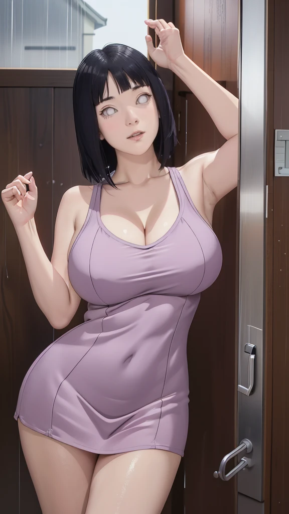 Chubby, Curve, thick, Made, absurderes, Hinata\(Boruto\), 1girll, Solo,Mature female, view the viewer,Perfectcomposition, Detailed lips, big breast, Beautiful face, body chubby, Blush, (white lips), Long hair, Purple eyes, Soft gaze, angry smile, Super realistic, Detailed, photoshoot, Realistick faces and bodies，（perspire，Sweat a lot，Blushlush，Be red in the face，Blushlush），（Bigboobs），japanese house，Stand at the door，natta，raining day, ((short dress)), ((cleavage)), sideboob, dark hair, sleeveless, thighs, full body