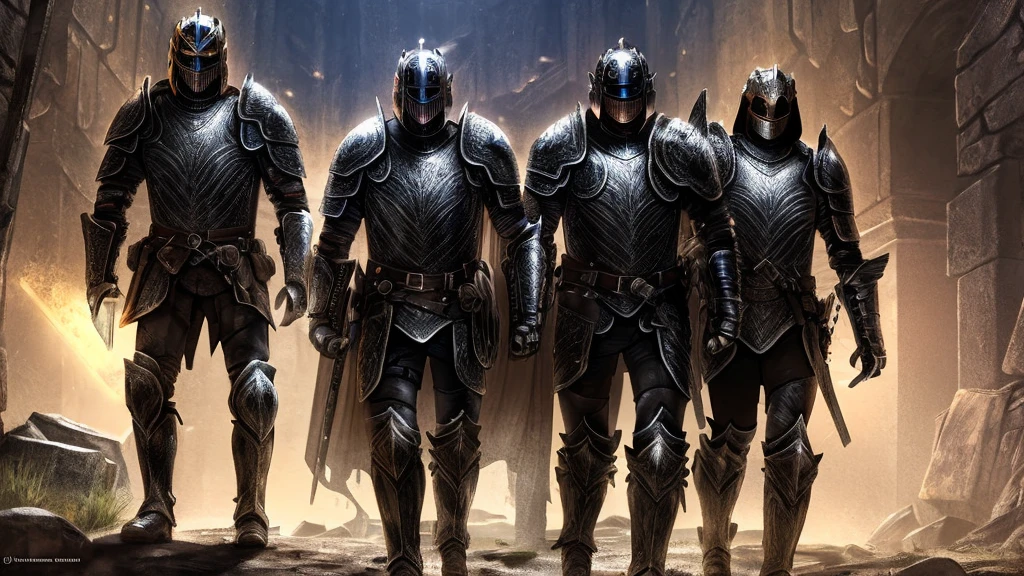 turtle Knights clad in worn armor, exploring through a dark dungeon. 
