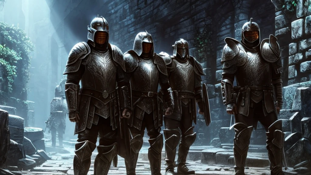 turtle Knights clad in worn armor, exploring through a dark dungeon. 