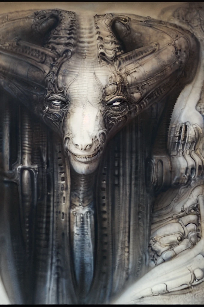 Giger_style, The image is a detailed view of H.R. Giger's \" Landscape XVI \" plate, featuring a complex network of bones and organs in a purple-brown hue ,swirling gray and brown colors. The artwork is silver and purplish brown, with an ivory bones prominently displayed. The image is highly detailed and intricate, almost like a 3d version of a medical sketch.
The piece is a tableau, most likely created with a India ink pen or pencil on paper, determined by the thin lines, shading techniques, and the texture of the paper, which is visible around the edges. Used is pen, given the shading and variations in line weight visible in the image. One have used a variety of pencils with different degrees of hardness to achieve the shading effects.

The style  is clearly biomechanical. Features combination of organic and mechanical forms. Mechanical elements dominate the composition, there are subtle organic hints. The use of undersaturated purple-grays dark contrasts creates a stark and graphic look. Is used a variety of linework techniques to create different textures. Fine, parallel lines create a smooth, metallic texture,while thicker, more cursive lines suggest cables or wires. Machines fills most, with its central cylindric structure acting as the focal point. Parallel lines emanating from this central structure used to create a sense of depth and movement. Being overwhelmingly mechanical, there are subtle suggestions of organic forms.

The art performance showcases the artist’s skills in observation and rendering. The level of detail in the piece suggests a close study of real bone specimens and anatomy. The artist has skillfully used shading techniques to create a convincing illusion of three-dimensionality on a flat surface.The wrinkles and cracks in the surface, and the cast shadows with accuracy, used shading techniques to create a realistic depiction of light and shadow on the objects. This creates a sense of depth and dimension in the image