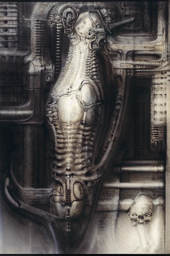 Giger_style, The image is a detailed view of H.R. Giger's \" Landscape XVI \" plate, featuring a complex network of bones and organs in a purple-brown hue ,swirling gray and brown colors. The artwork is silver and purplish brown, with an ivory bones prominently displayed. The image is highly detailed and intricate, almost like a 3d version of a medical sketch.
The piece is a tableau, most likely created with a India ink pen or pencil on paper, determined by the thin lines, shading techniques, and the texture of the paper, which is visible around the edges. Used is pen, given the shading and variations in line weight visible in the image. One have used a variety of pencils with different degrees of hardness to achieve the shading effects.

The style  is clearly biomechanical. Features combination of organic and mechanical forms. Mechanical elements dominate the composition, there are subtle organic hints. The use of undersaturated purple-grays dark contrasts creates a stark and graphic look. Is used a variety of linework techniques to create different textures. Fine, parallel lines create a smooth, metallic texture,while thicker, more cursive lines suggest cables or wires. Machines fills most, with its central cylindric structure acting as the focal point. Parallel lines emanating from this central structure used to create a sense of depth and movement. Being overwhelmingly mechanical, there are subtle suggestions of organic forms.

The art performance showcases the artist’s skills in observation and rendering. The level of detail in the piece suggests a close study of real bone specimens and anatomy. The artist has skillfully used shading techniques to create a convincing illusion of three-dimensionality on a flat surface.The wrinkles and cracks in the surface, and the cast shadows with accuracy, used shading techniques to create a realistic depiction of light and shadow on the objects. This creates a sense of depth and dimension in the image