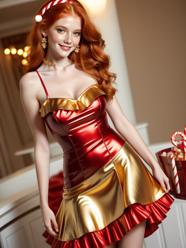 adult woman, large breasts, very tall, beautiful female glamor model, redhead, orange ginger, face covered in lots of (freckles:.9), candy outfit, white mini skirt, candy cane cocktail dress. innocent smile. chocolate gold foil dress.