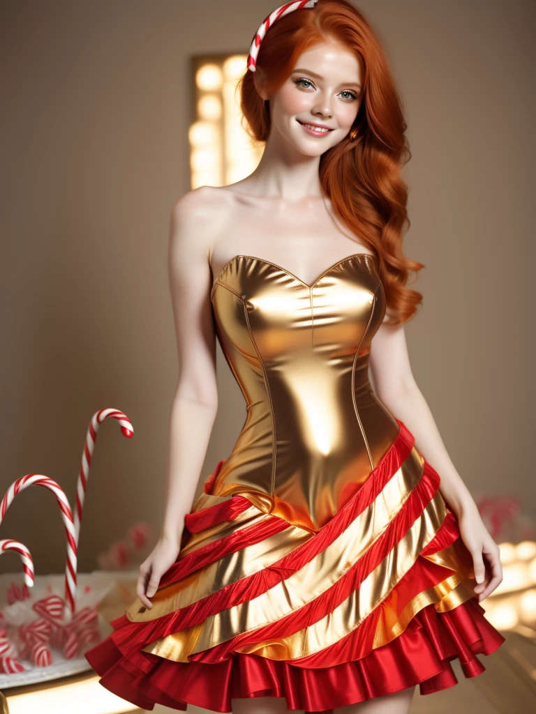 adult woman, large breasts, very tall, beautiful female glamor model, redhead, orange ginger, face covered in lots of (freckles:.9), candy outfit, white mini skirt, candy cane cocktail dress. innocent smile. chocolate gold foil dress.