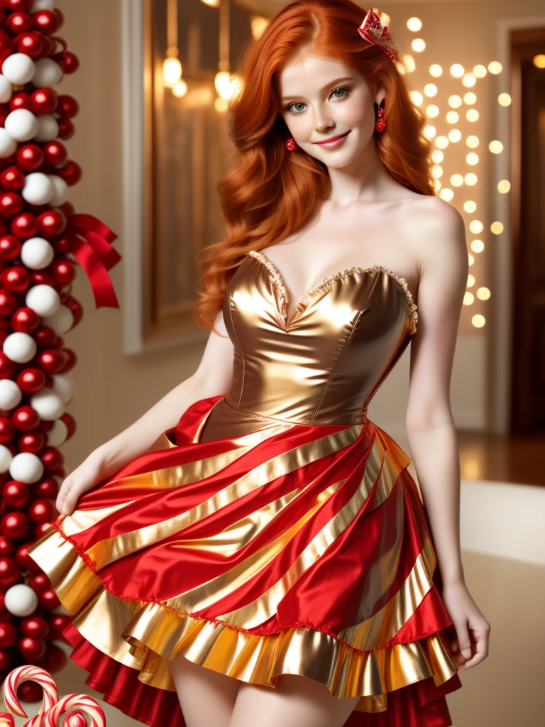 adult woman, large breasts, very tall, beautiful female glamor model, redhead, orange ginger, face covered in lots of (freckles:.9), candy outfit, white mini skirt, candy cane cocktail dress. innocent smile. chocolate gold foil dress.