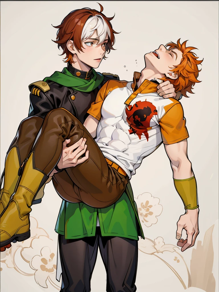 There is a -yeld boith orange hair, he is dead, he is in his friend&#39;s arms, he is sad, he has green eyes, his costumes are like superheroes.