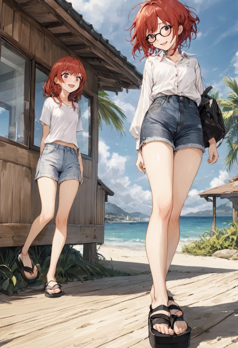sassy, childish, nerdy, red-haired girl, skinny, tanned, straight loose hairstyle, half-closed eyes, flat, small ass, small glasses, white shirt, denim shorts, black flip-flops, smiling excitedly, in front of a beach house facing the sea, comedy manga, Shimada Funikane style, cinematic, dramatic, dynamic view, full body, CG masterpiece, ecchi,
