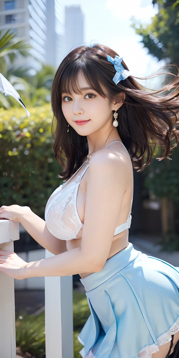 woman, 20-year-old, short black wavy hair、bangs、Cat ear、plump nipples、(White Bikini)、(blue long skirt), black stocking dium milk, cute smile、((Pose that emphasizes the buttocks、looked back))、sexy hips、black high heels、big necklace、((((the wind blew my skirt, expose my panties...))))、(Light blue lace panties)、cute earrings、(tilt your head a little)