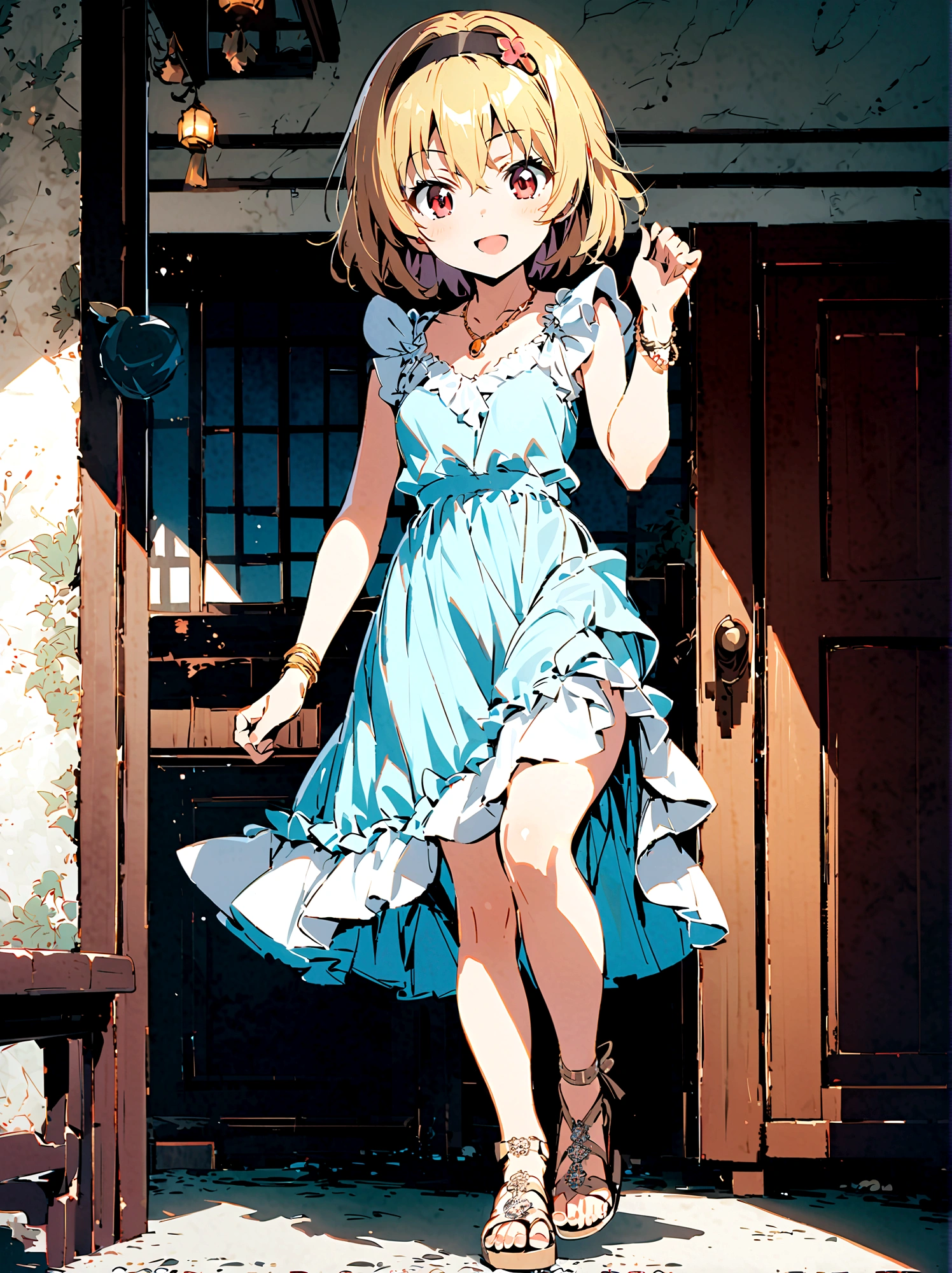 (Houjou_Satoko), (Blonde), Red eyes, short hair, hair band, Small breasts,I&#39;m 11 years old, 1girl, 独奏, dress, jewelry, necklace, Legs, sandals, 