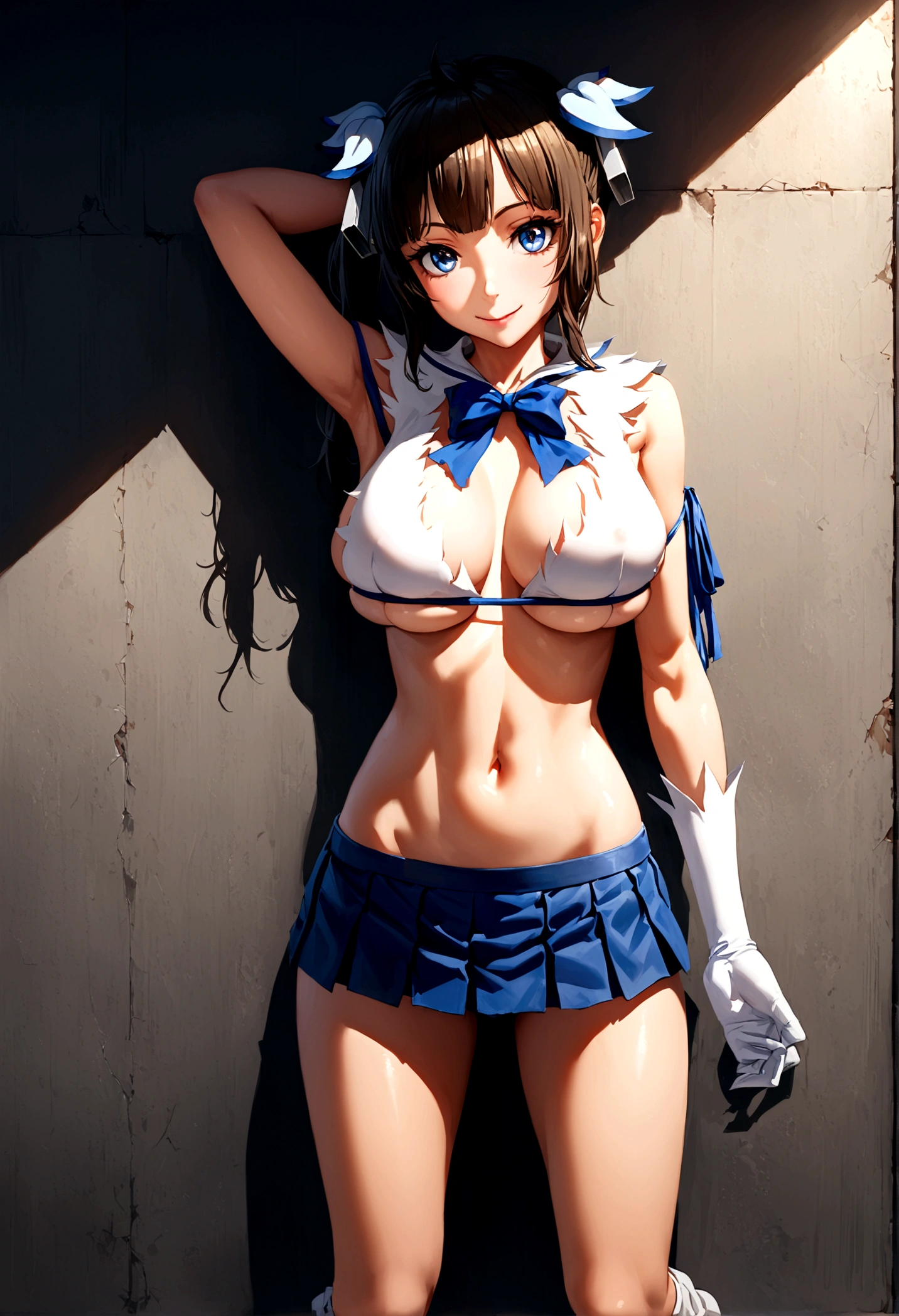 hestia danmachi ​masterpiece, premium, The extremely detailed CG Unity 8K wallpapers, Ultra-realistic 8kCG, perfect work of art, The perfect female figure, dramatic shadows, (stand out, perfect lighting, Detailed light, (((1 girl in))), ((sharp face)), ((Brown hair, wavy fur)), (((pose sexy))), Model Body Type, The navel is visible, big and full breasts, ((Beautiful face)), (smiling softly: 1.2), (asymmetrical bangs, Beautiful eyelashes), beautiful face, (beautiful chest line:1.2), (neckline), beautiful a girl, Exquisite facial features that represent the perfect face., Cold, Naturally beautiful, perspiration, Skinny body, Light and beautiful thigh expression., high school girl, high , A sailor suit, pleated skirt, loose socks, In front of a wall full of graffiti, evening, (((Leaning on the wall, Is standing))), award-winning photo, details, realistic lights and shadows, 8K resolution, Professional lighting, (glowing skin:0.9), perfect hand,